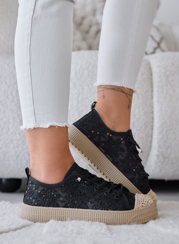 KISHA - Baskets noires en dentelle avec effet transparent