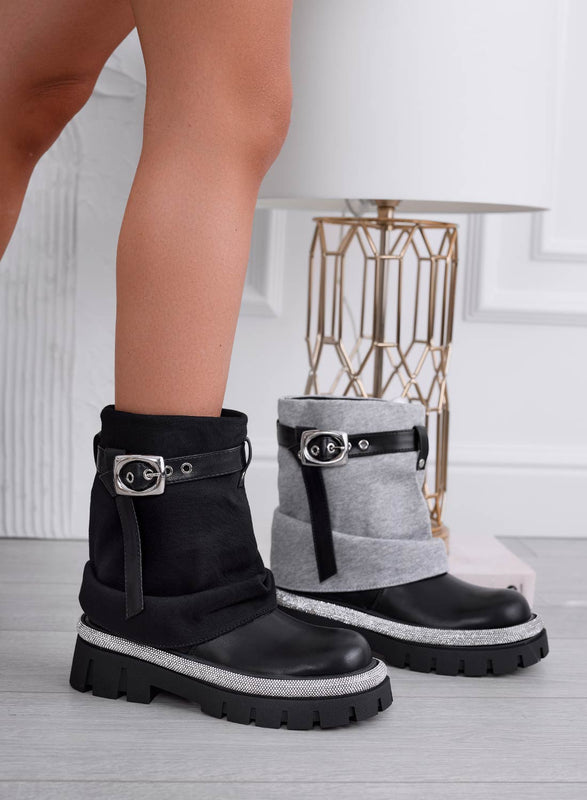 SALLY - Bottines noires avec revers et bordure en strass