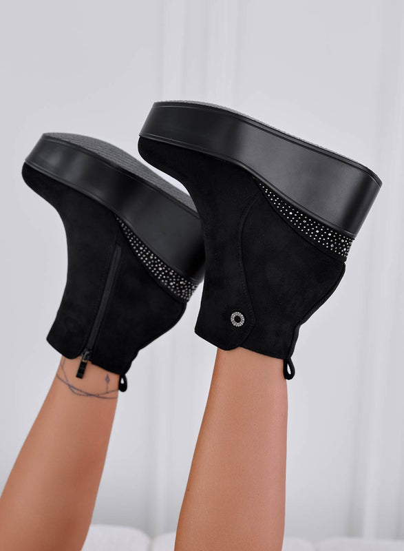 NINA - Black ankle boots with wedge and rhinestones