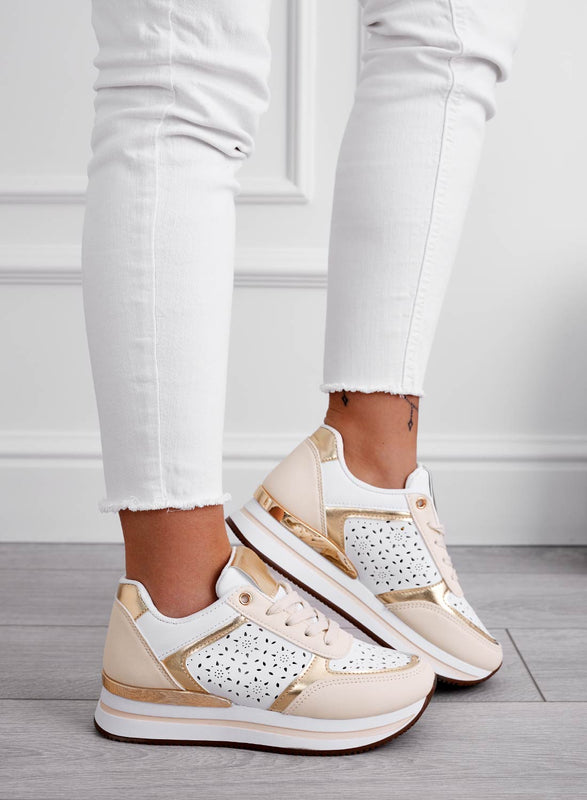 MINA - Beige perforated sneakers with gold inserts