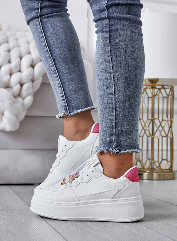 PETRA - White sneakers with jewel applications and fuchsia back