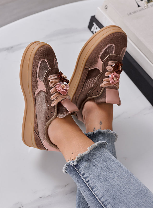 CLOE - Sneakers Donna fango con Fiori e Suola Platform