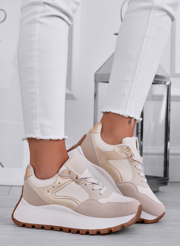 CARLA - Beige sneakers with gold studs and high sole