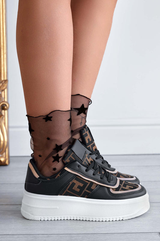 MIRELA - Black sneakers with patterned fabric inserts