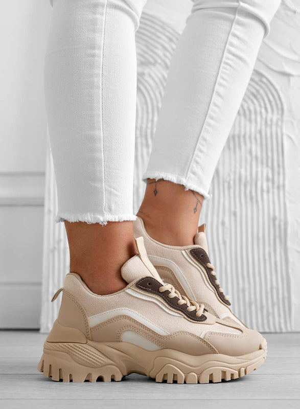 BARBARA - Beige sneakers with thick sole and laces