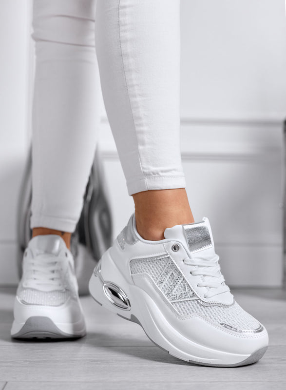 CAMILLA - Baskets Blanches avec Strass et Détails Argentés