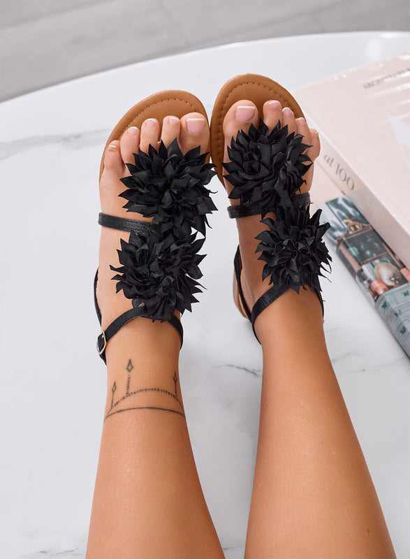 CONNIE - Black satin thong sandals with applied flower