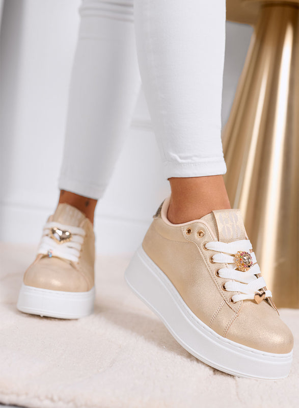 CETTY - Gold sneakers with jewel charms and white platform sole