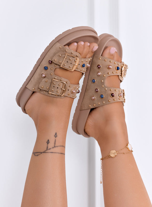 MILA - Mud Sandals Slippers with Gold Buckles and Jewel Studs