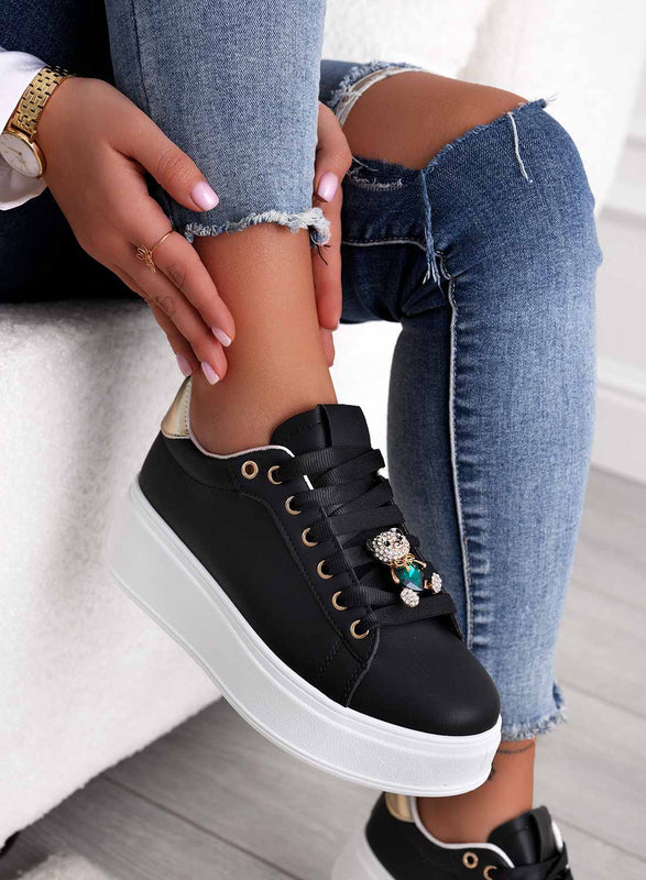 RORY - Black sneakers with gold back and green jewel bear