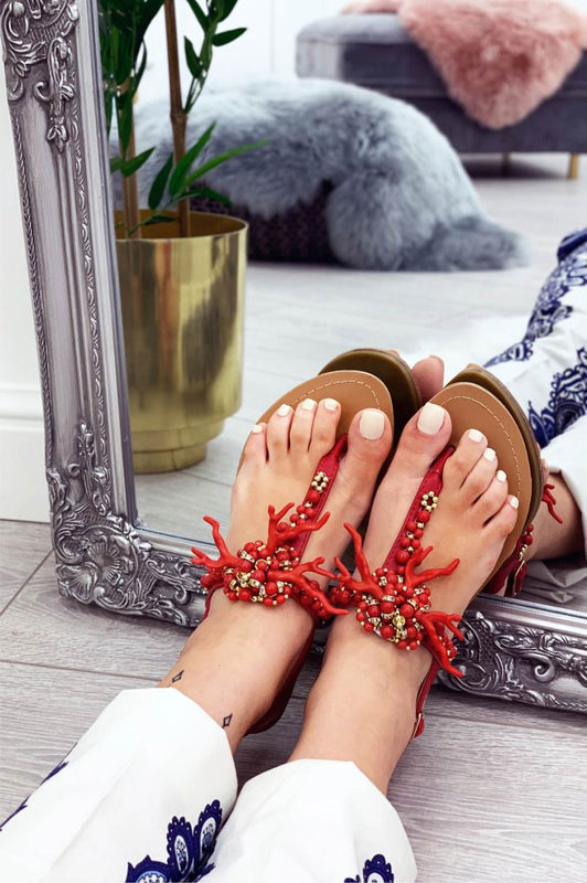 MONIA - Red thong sandals with faux coral