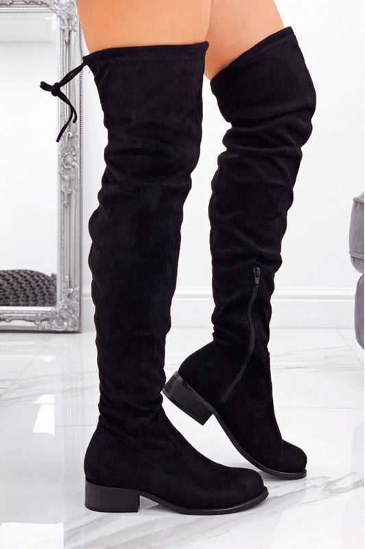ETHEL - Black suede over the knee boots with laces