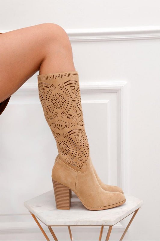 MARLENA - Beige perforated boots with block faux wood heel