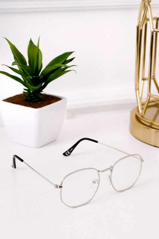 Glasses with transparent lenses and silver frames