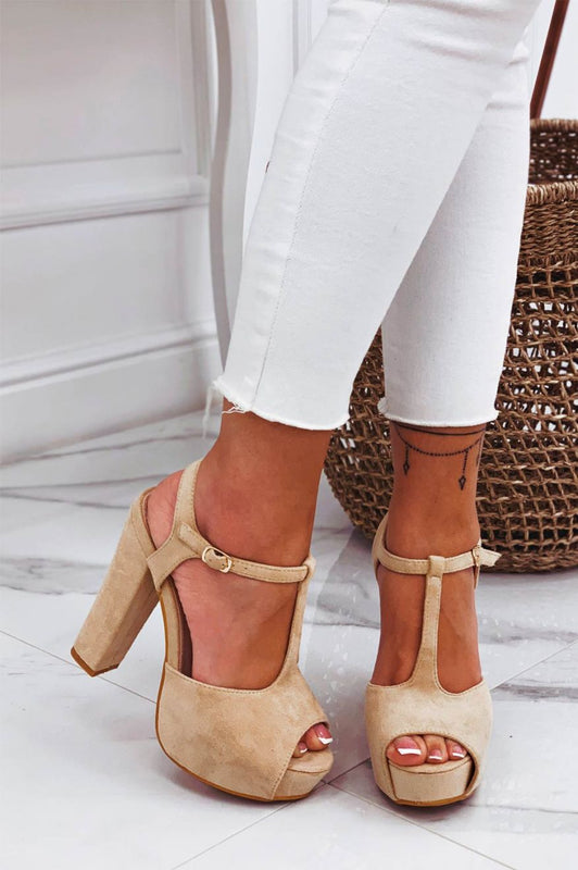 BONNIE - Beige suede sandals with block heel and T-straps