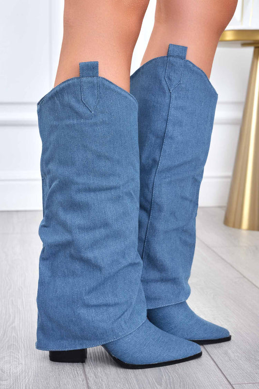 CETTY - Blue jeans camperos boots with turn-up