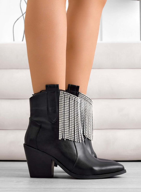 RIKI - Alexoo black camperos ankle boots with jewel fringes