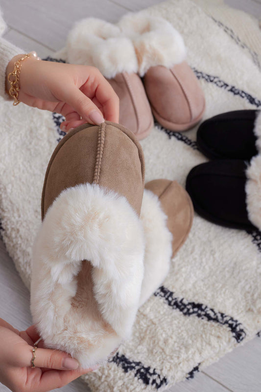 LEAH - Padded brown slippers with faux fur trim