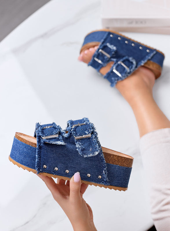 MARGOT - Platform Sandals Slippers in Blue Denim with Buckles