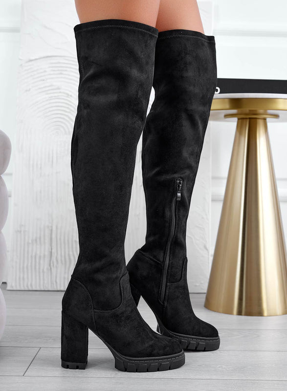 WAYNE - Black thigh-high boots with comfortable heels