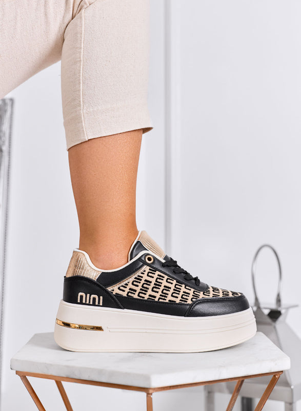 CAMILLA - Black platform sneakers with beige fabric inserts