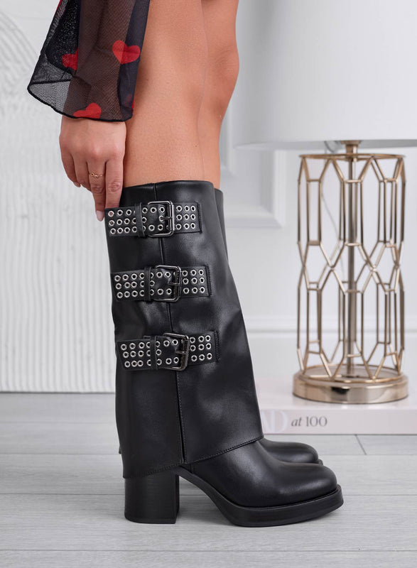 JAIMEE - Bottes biker noires avec boucles et talon confortable