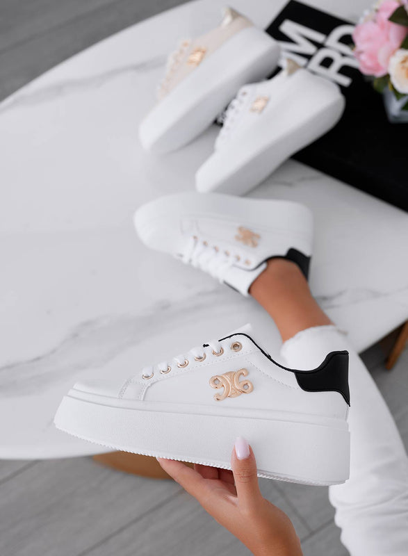 ANNARITA - White sneakers with a black back and gold appliqué