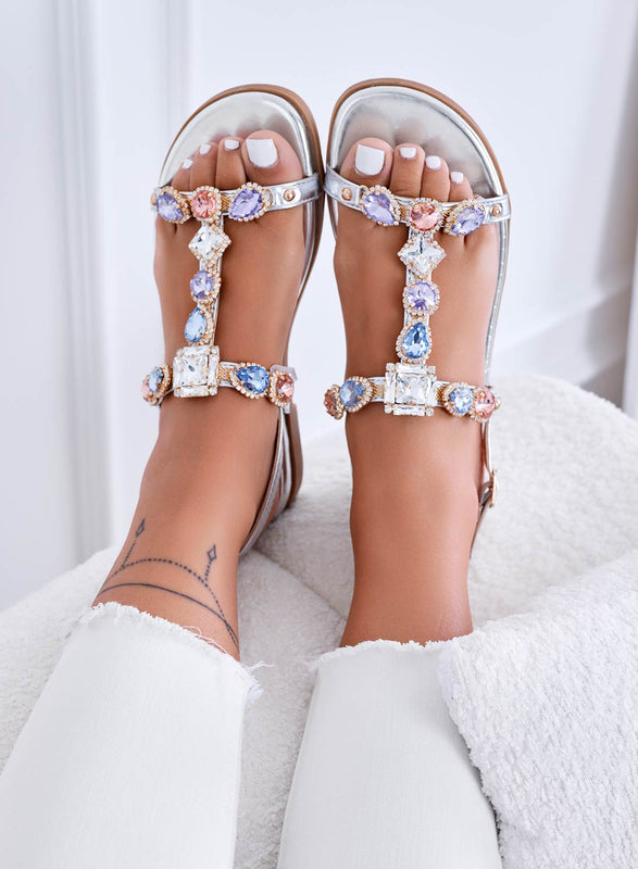 TUNDRA - Silver flat sandals with multicolor jewel stones