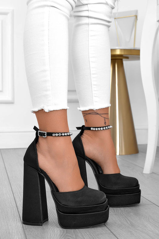FLORENCE - Black satin pumps with high heel and plateau and jewel strap