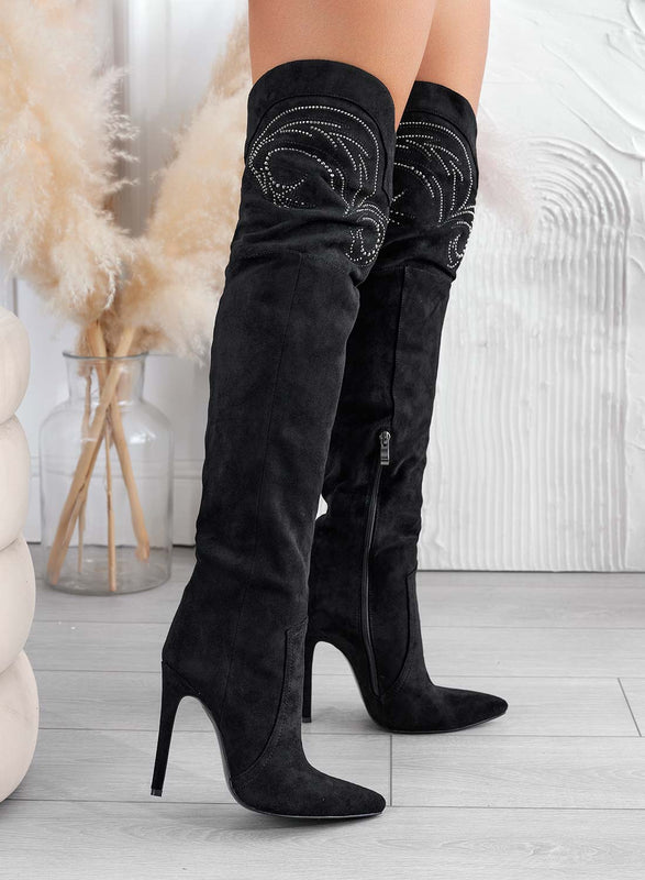 RAFFAELLA - Black thigh-high boots with rhinestones