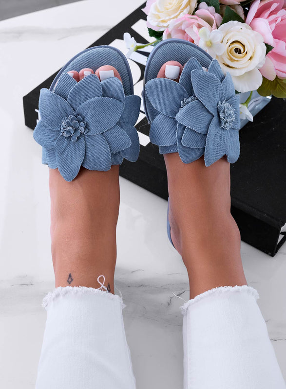 MELODY - Blue denim slipper sandals with applied flower