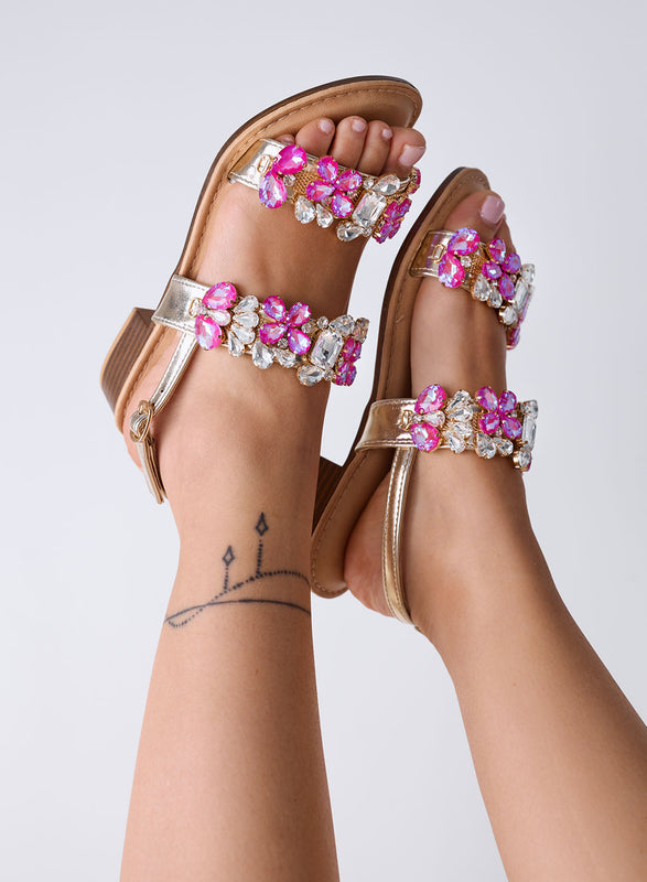 DIAMOND - Fuchsia Flat Sandals with Jewel Stones and Ankle Strap