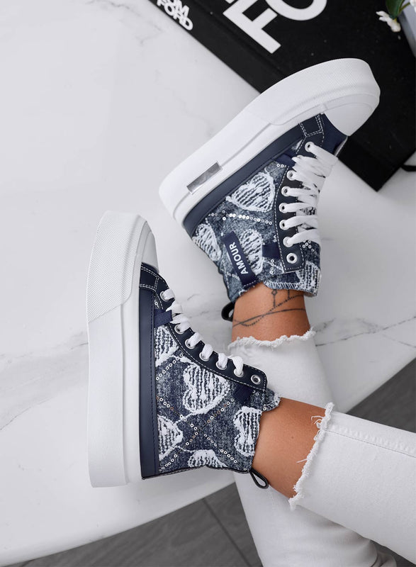 BARTH - Dark denim blue high-top sneakers with pattern
