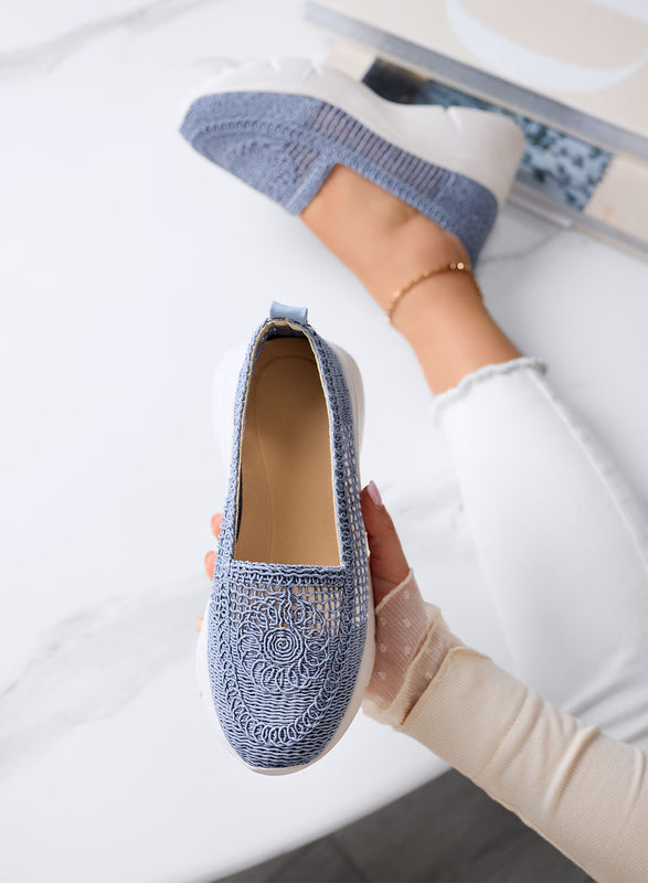 NASTIA - Blue slip-on loafers in perforated crochet with chunky white sole