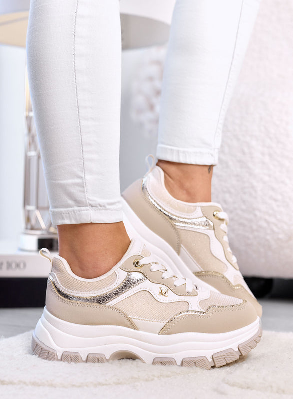 DELIA - Beige Sneakers with Gold Details and Chunky Sole
