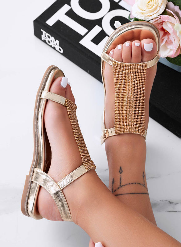 DESIREE - Gold flat sandals with rhinestone band