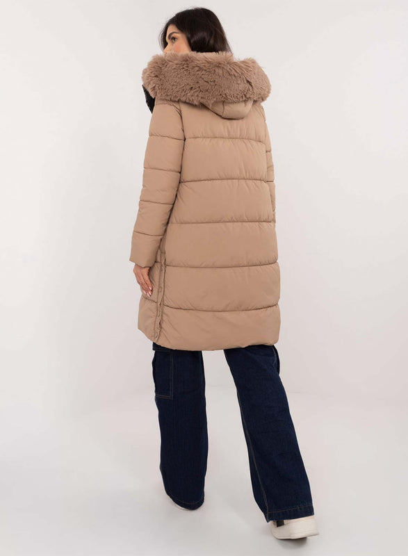 Long mud-colored padded jacket with faux fur hood