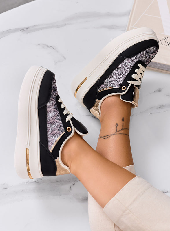PRAGA - Black platform sneakers with patterned fabric inserts