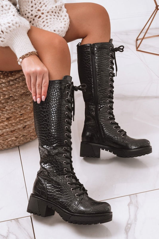 ONCE - Black boots with crocodile print and laces