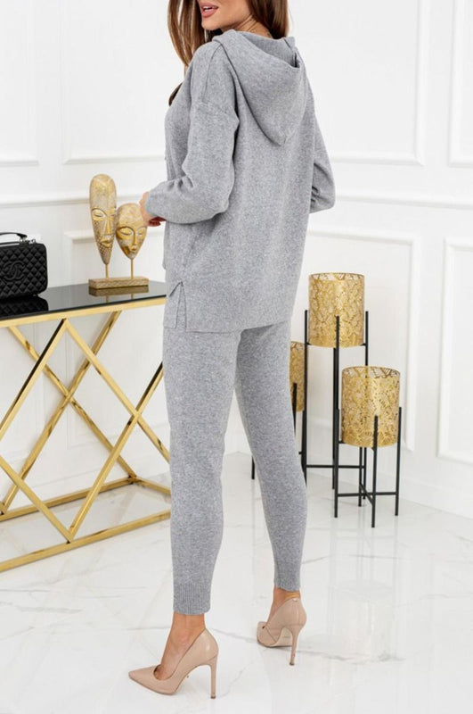 Grey two-piece knitted jumpsuit with hood