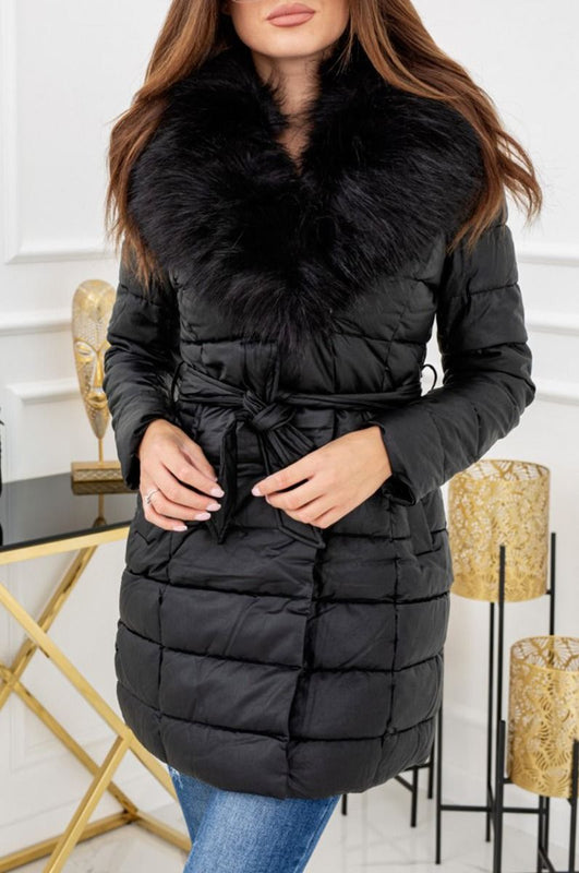 Long black down jacket with faux fur and drawstring at waist