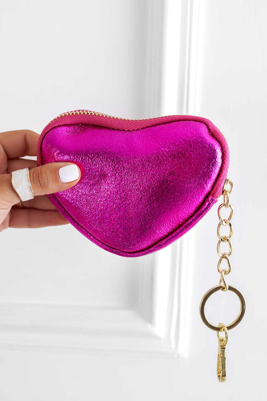 Heart-shaped metallic fuchsia coin purse with zip