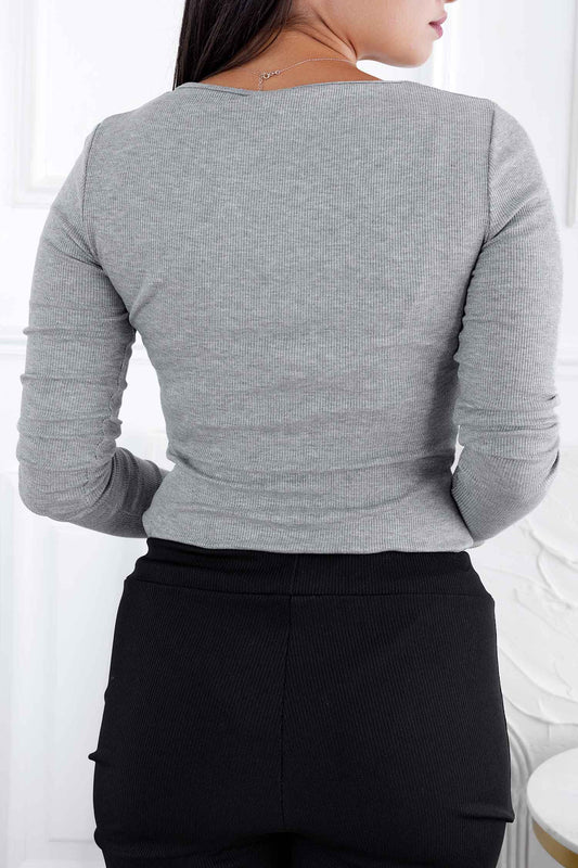 Grey ribbed long-sleeve bodysuit