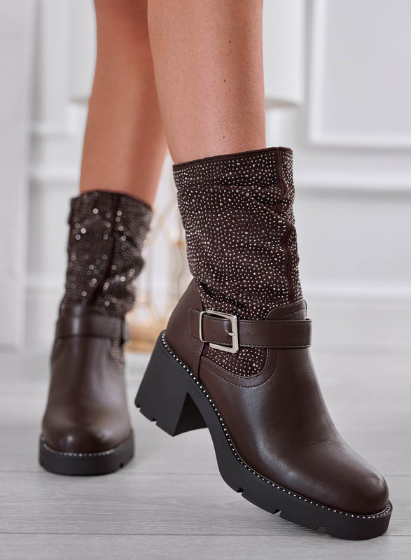 ADANA - Brown ankle boots with buckle and rhinestones