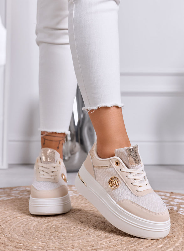 CARLA - Sneakers beige Platform con Inserti metallizzati e Tessuto