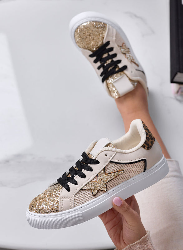 ANNALISA - Zapatillas bajas beige con purpurina dorada y parte trasera animal print