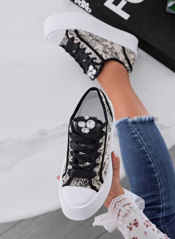 Beige patterned sneakers with rhinestones and thick sole