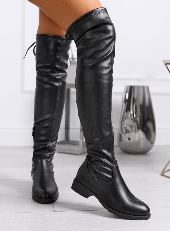 SENIA - Black over-the-knee boots in faux leather with lace