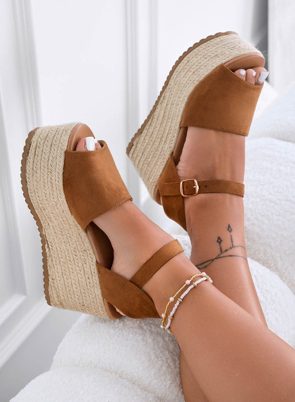 ROXIE - Camel suede espadrille sandals with wedge