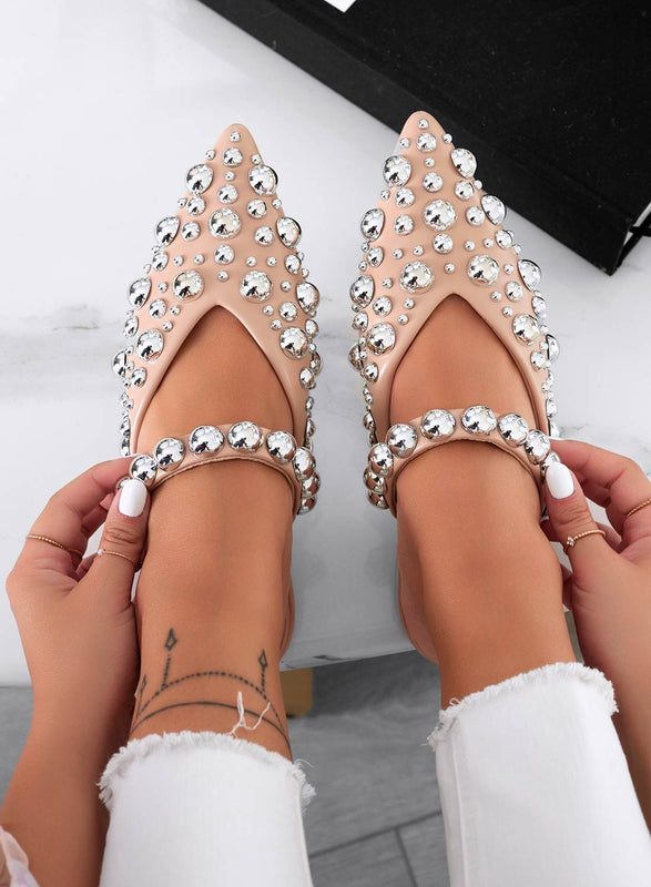 WILDA - Beige pointed toe mule ballet flats with ball studs